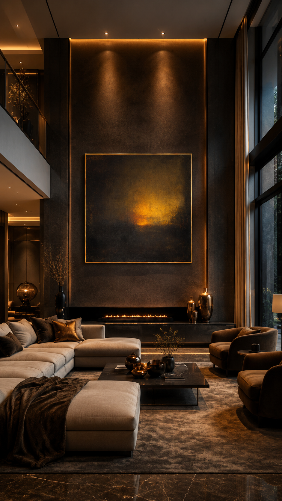 "Amber Nocturne" - Dark Abstract Glow Painting | Black Brown & Gold Square Wall Art