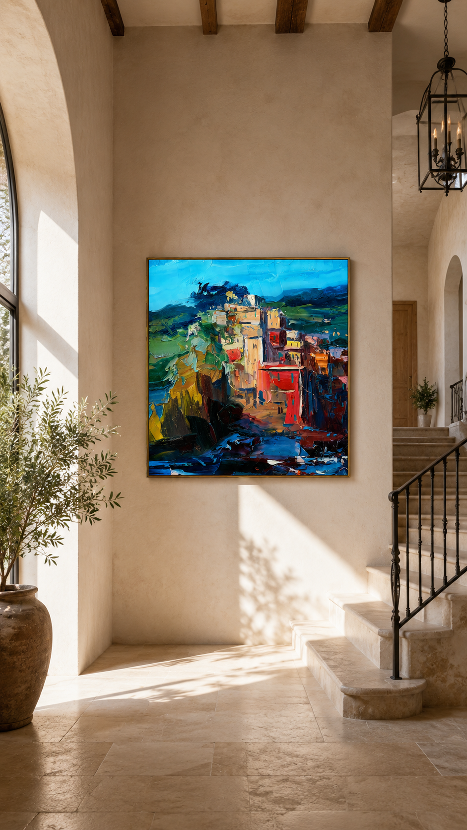 "Coastal Blocks" - Colorful Impasto Village Landscape | Blue Green & Coral Square Wall Art