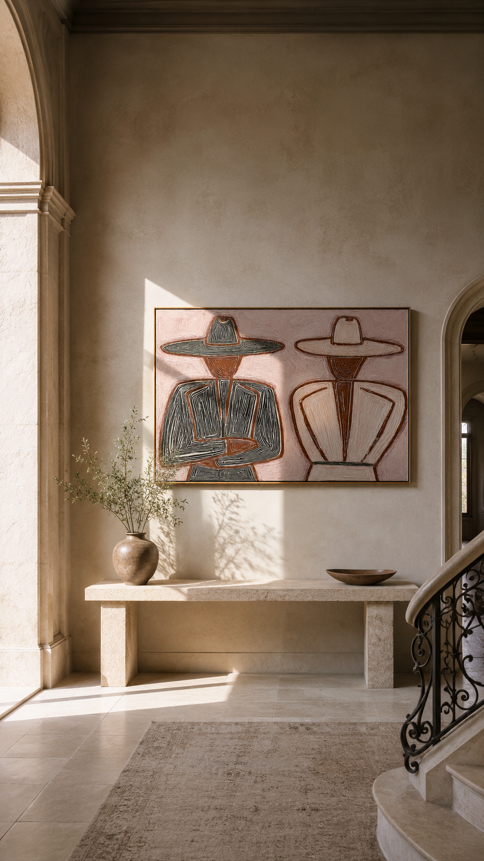 "Two Hats" - Textured Minimalist Figurative Painting | Black Brown & Blush Horizontal Wall Art