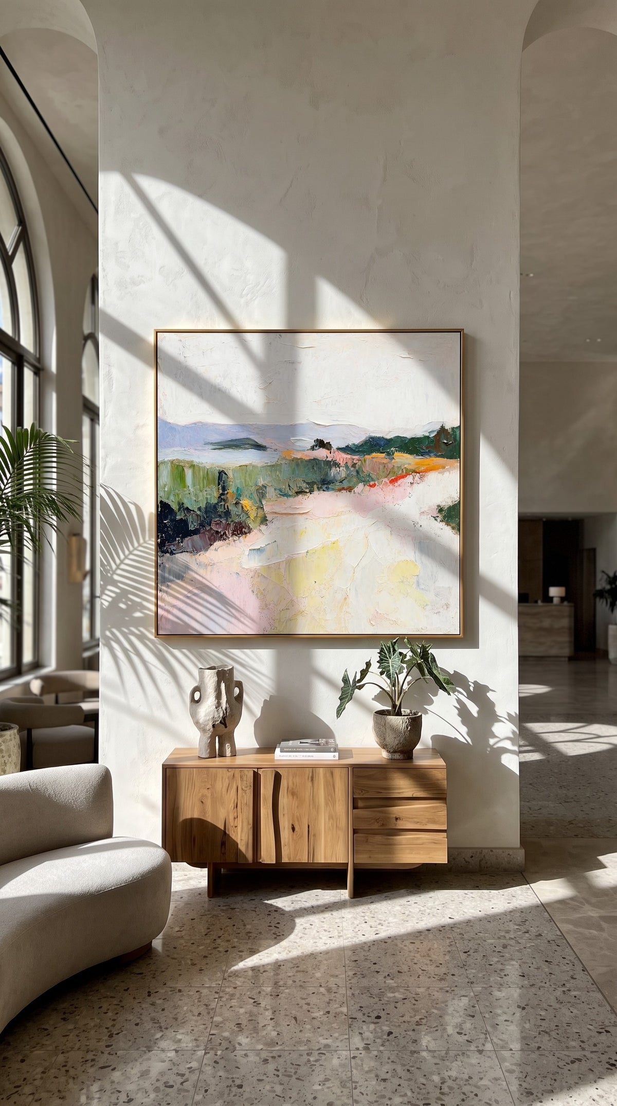 "Pastel Ridge" - Colorful Impasto Mountain Landscape | Green Pink & Yellow Textured Wall Art