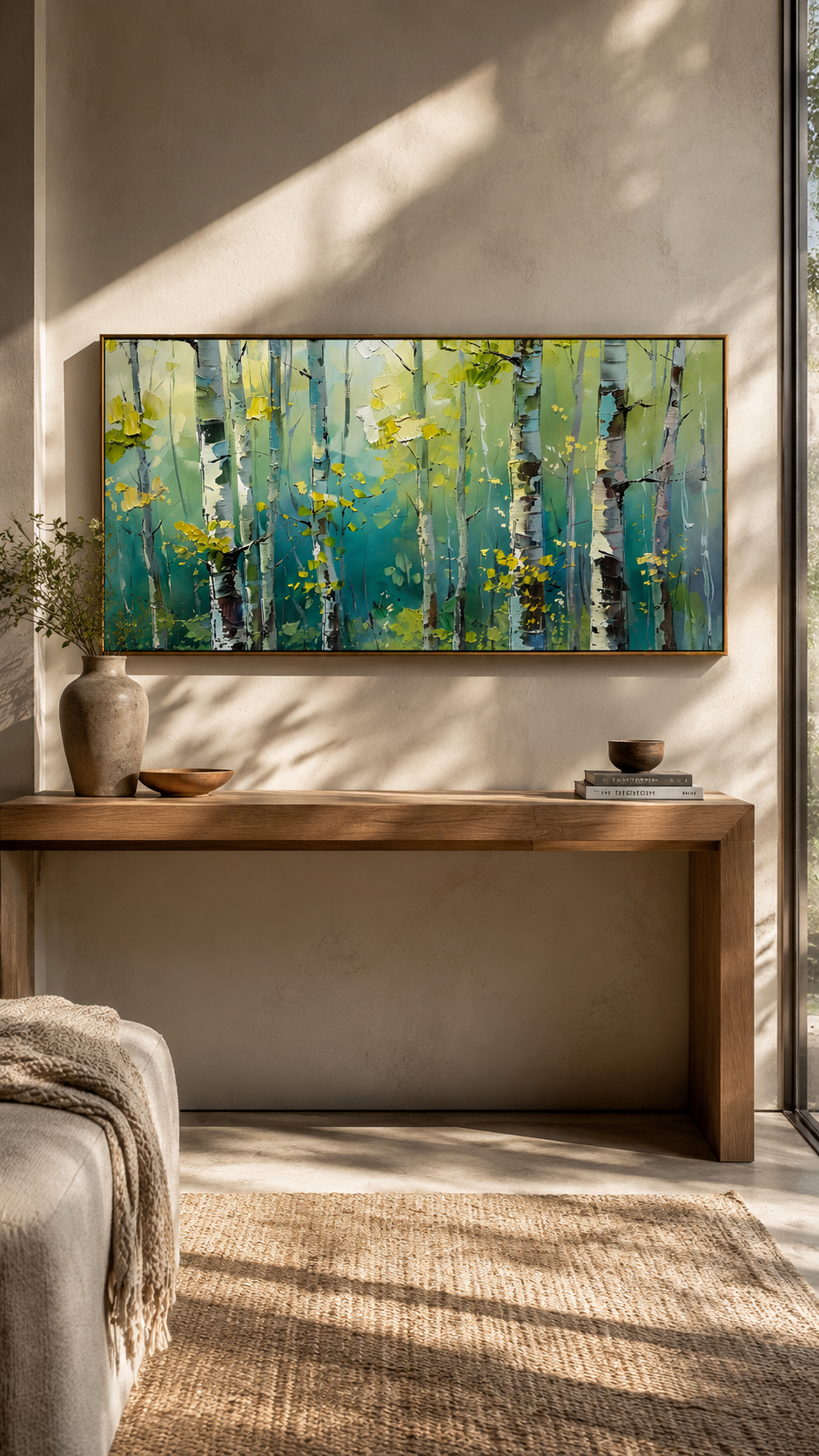 "Birch Light" - Colorful Birch Forest Painting | Green Blue & Yellow Woodland Wall Art