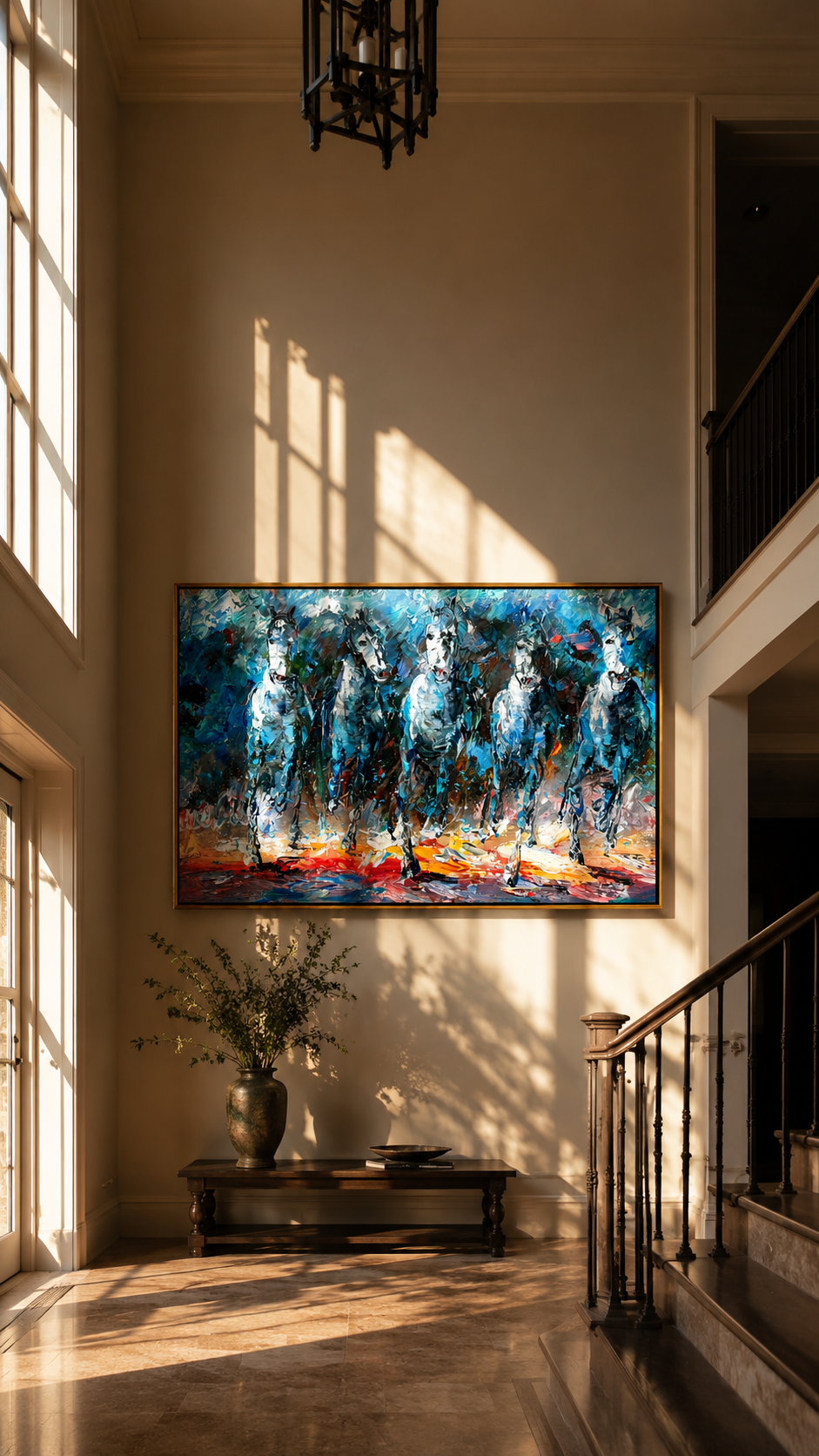 "Blue Procession" - Textured White Horse Herd Painting | Blue Black & Red Horizontal Equestrian Art