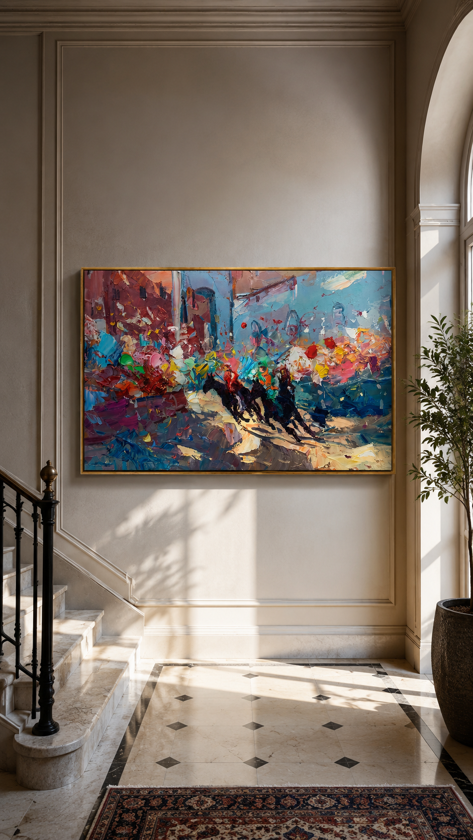 "Harbor Fragments" - Colorful Impasto Abstract Painting | Blue Red & Gold Horizontal Statement Art