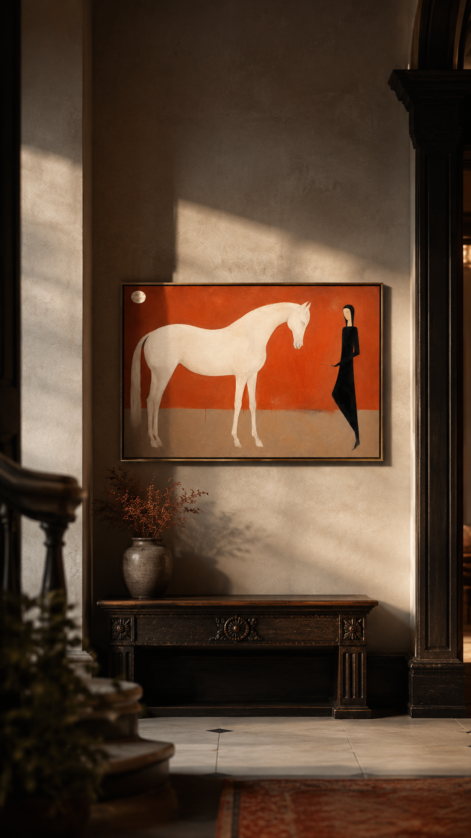 "Moonlit Keeper" - White Horse & Figure Painting | Terracotta Minimalist Figurative Wall Art