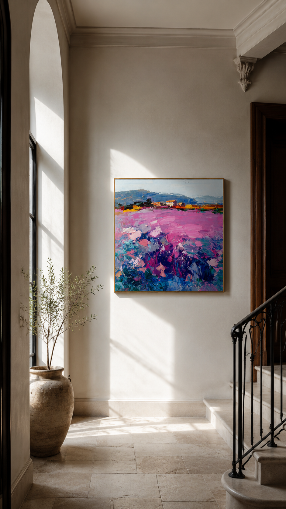 "Pink Terrain" - Colorful Impasto Landscape Painting | Blue Pink & Green Square Wall Art