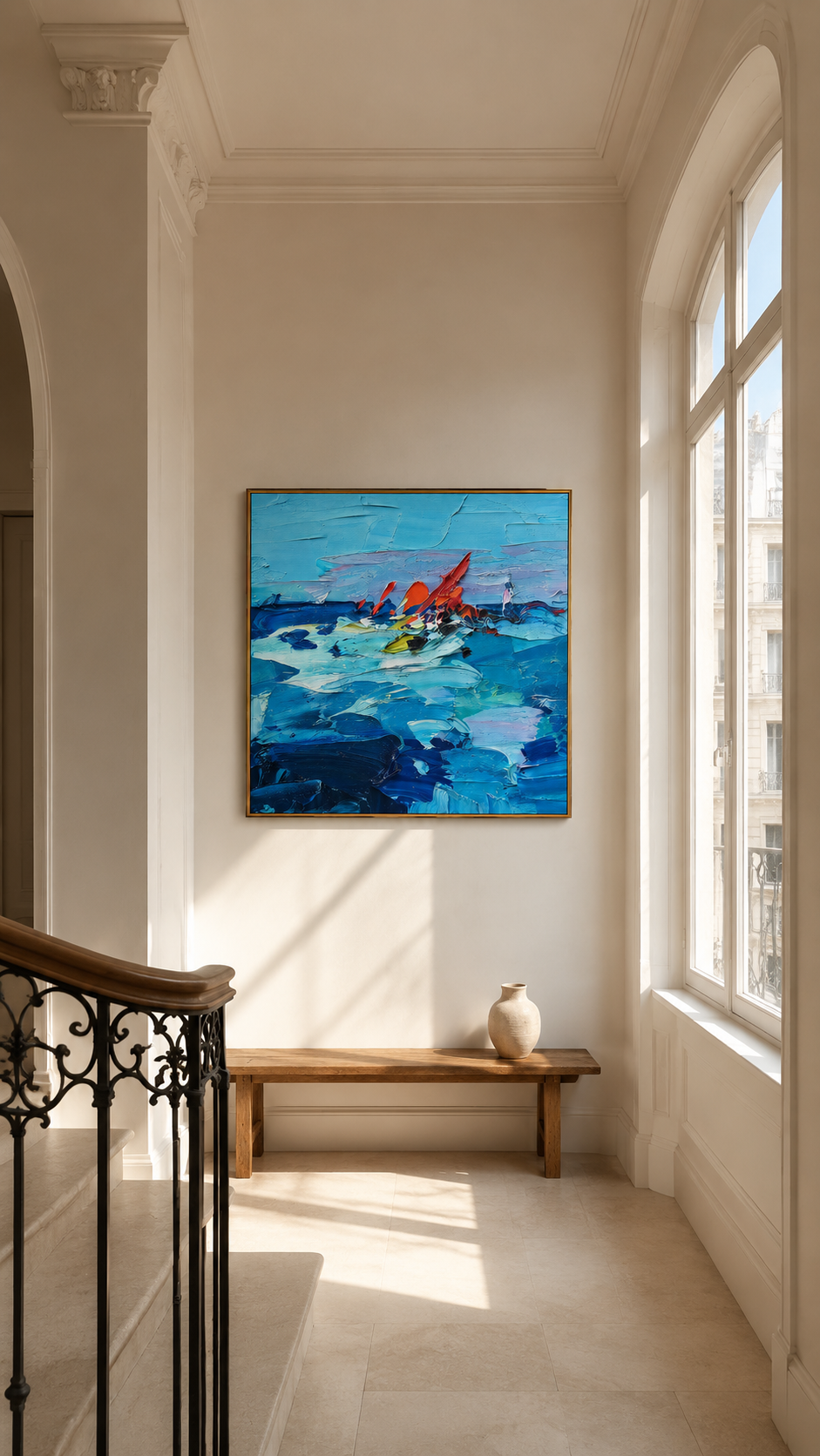 "Blue Current" - Colorful Impasto Ocean Painting | Blue Red & Yellow Seascape Wall Art