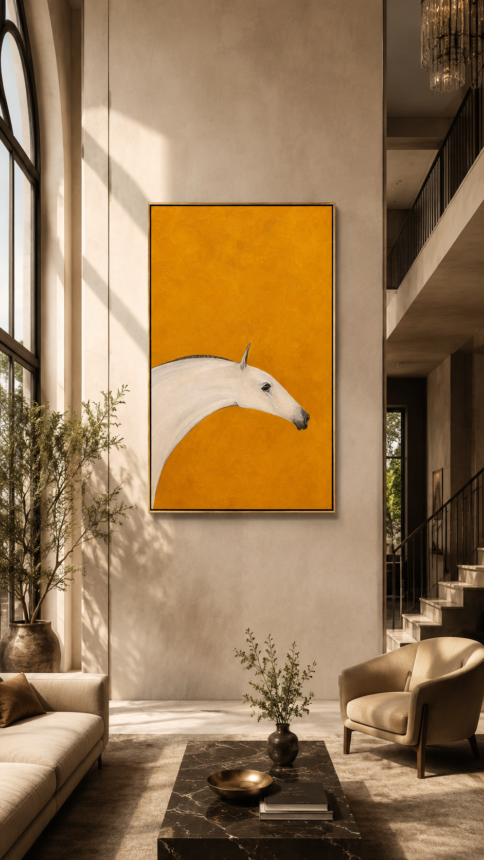 "Ochre Mare" - Minimalist White Horse Painting | Golden Yellow Vertical Animal Wall Art