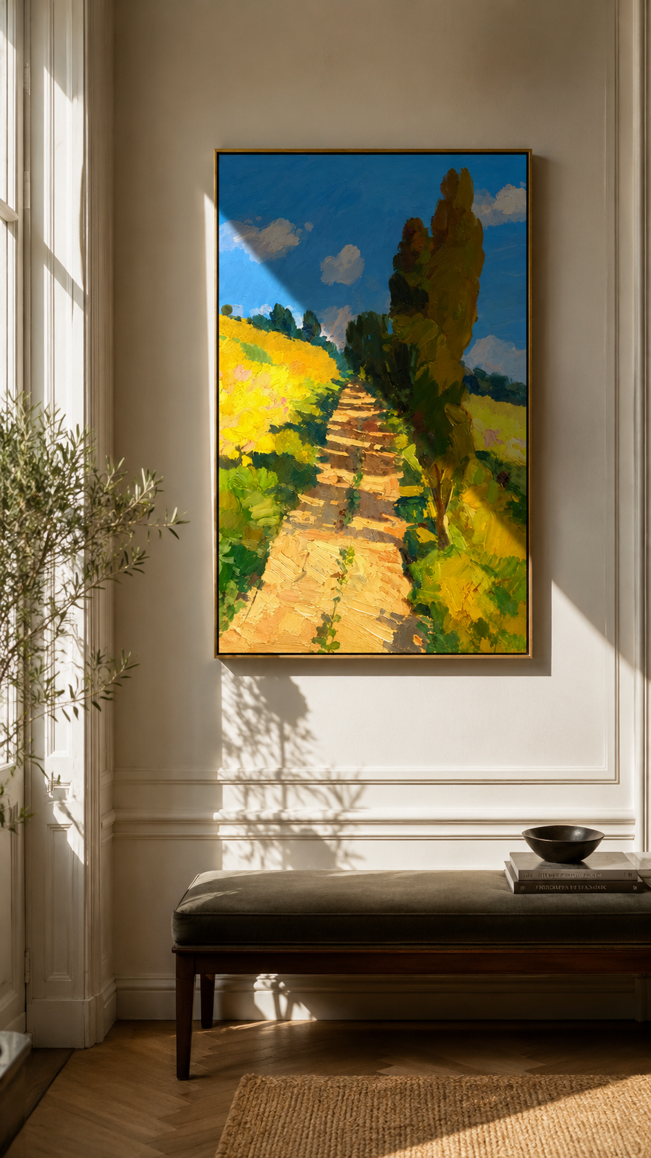 "Sunlit Path" - Yellow Field & Cypress Impasto Landscape | Blue Green Vertical Wall Art