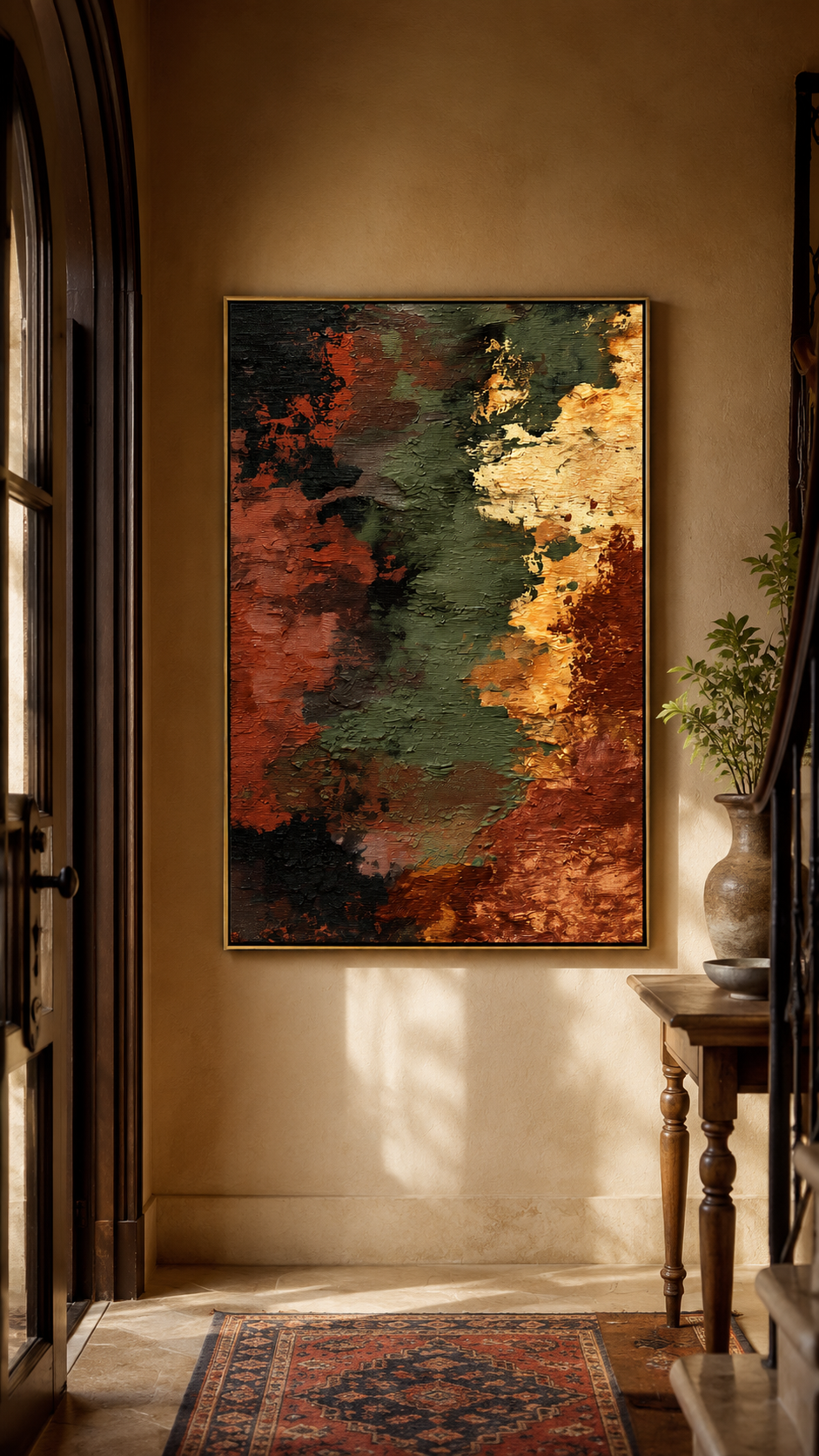 "Ember Fault" - Earth Tone Abstract Texture Painting | Rust Green & Gold Vertical Wall Art