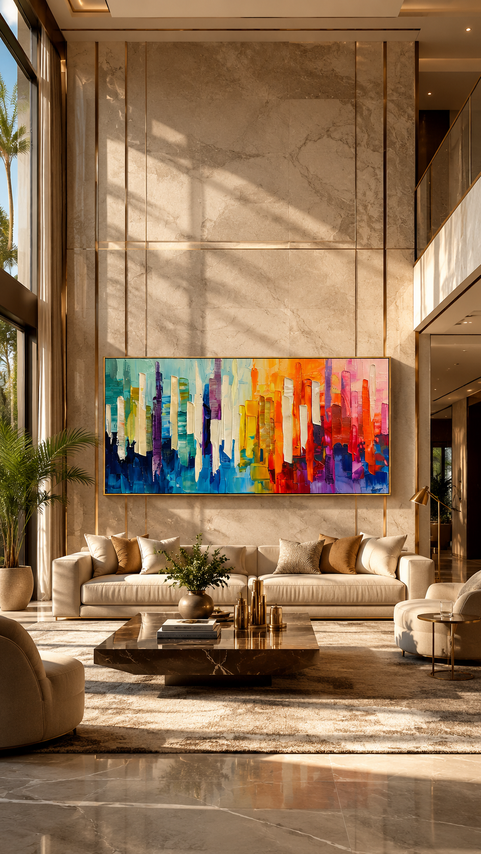 "Chromatic Skyline" - Colorful Abstract Cityscape Painting | Rainbow Vertical Forms Wall Art