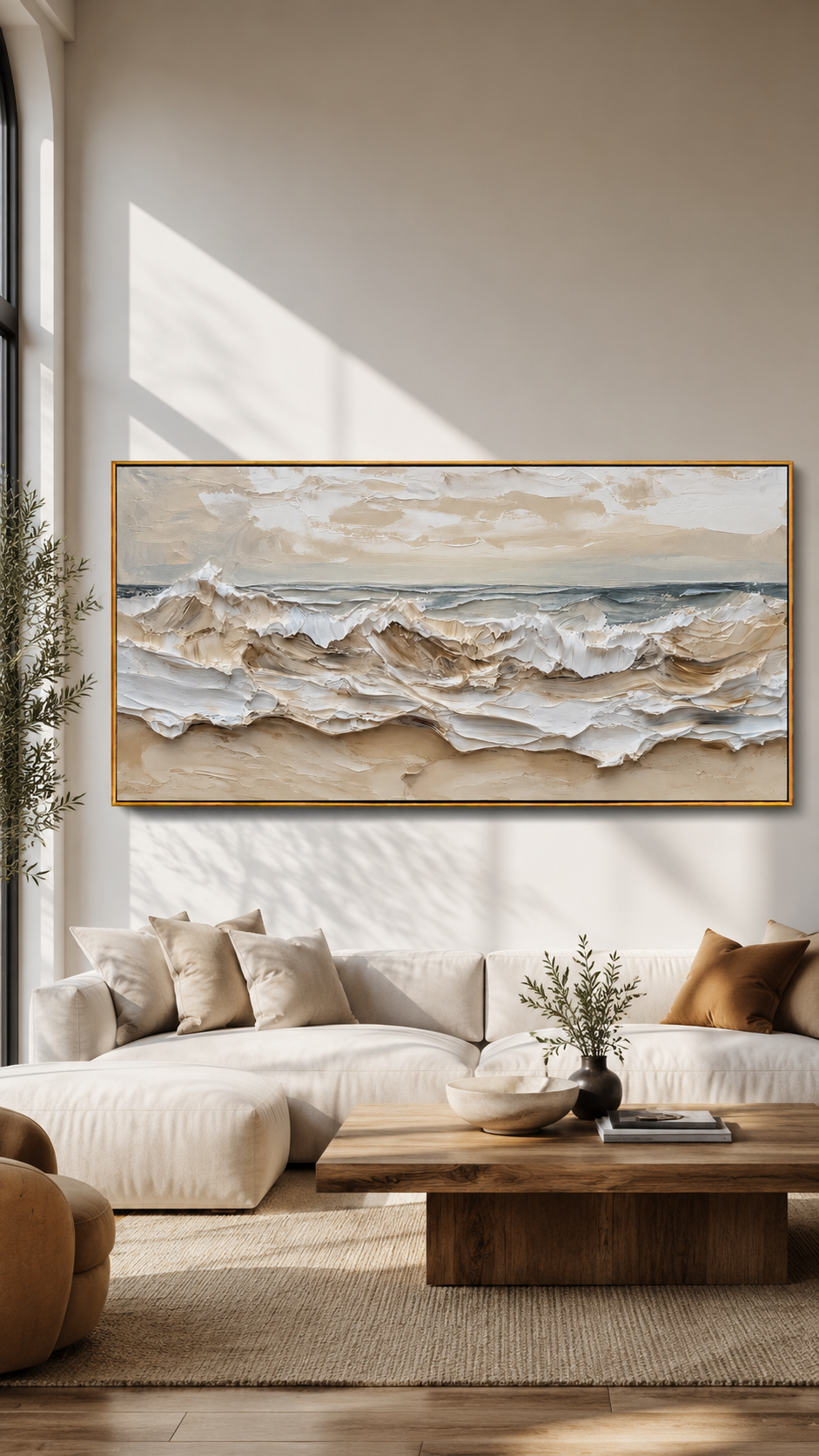 "Tide Relief" - 3D Wabi-Sabi Ocean Wave Plaster Art | Beige White & Blue Textured Seascape