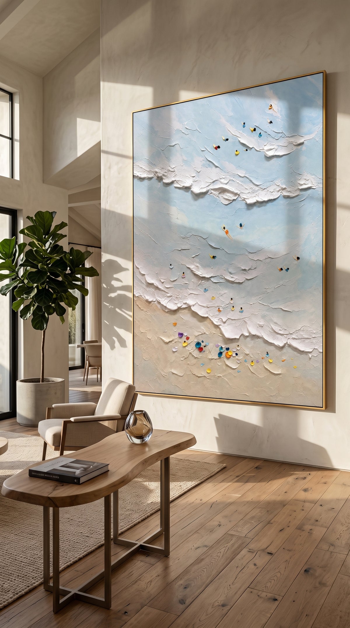 "Tidal Texture" - Textured Beach and Wave Relief | Blue White Beige Vertical Coastal Wall Art