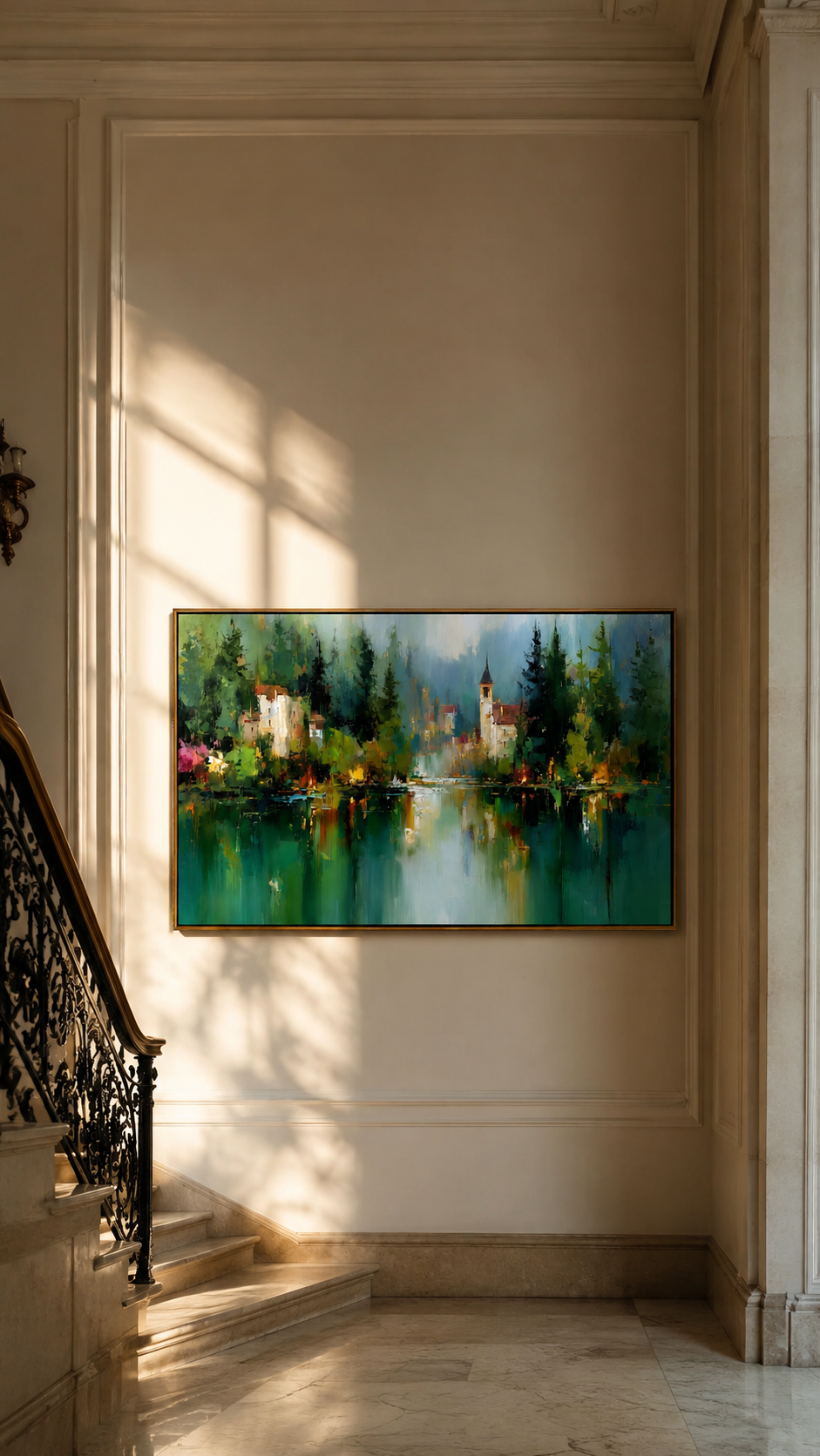 "Forest Reflection" - Green Lake Village Impasto Landscape | Blue & Emerald Horizontal Wall Art