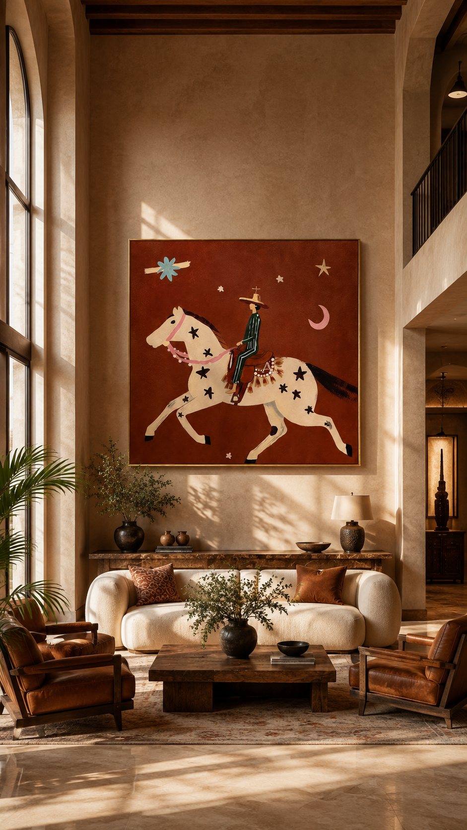 "Moonlit Rider" - Whimsical Horse & Cowboy Painting | Rust Red Western Animal Wall Art