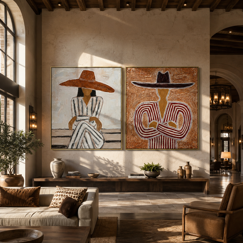 "Twin Matador Poise" – Textured Figurative Oil Painting Set|3D Textured Western Figurative Painting | Warm Terracotta & Charcoal Square Wall Art#VA607