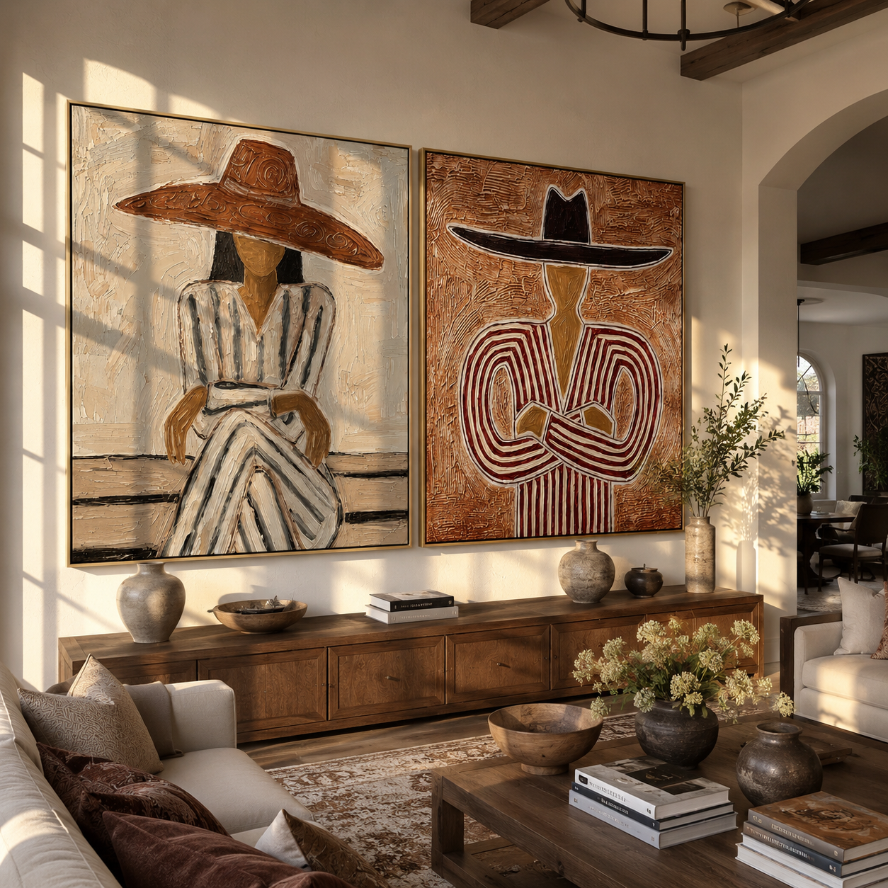 Twin Matador Poise – Textured Figurative Oil Painting Set|3D Textured Western Figurative Painting | Warm Terracotta & Charcoal Square Wall Art#yk600