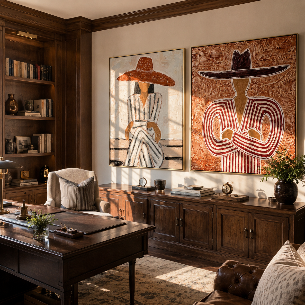 Twin Matador Poise – Textured Figurative Oil Painting Set|3D Textured Western Figurative Painting | Warm Terracotta & Charcoal Square Wall Art#yk600