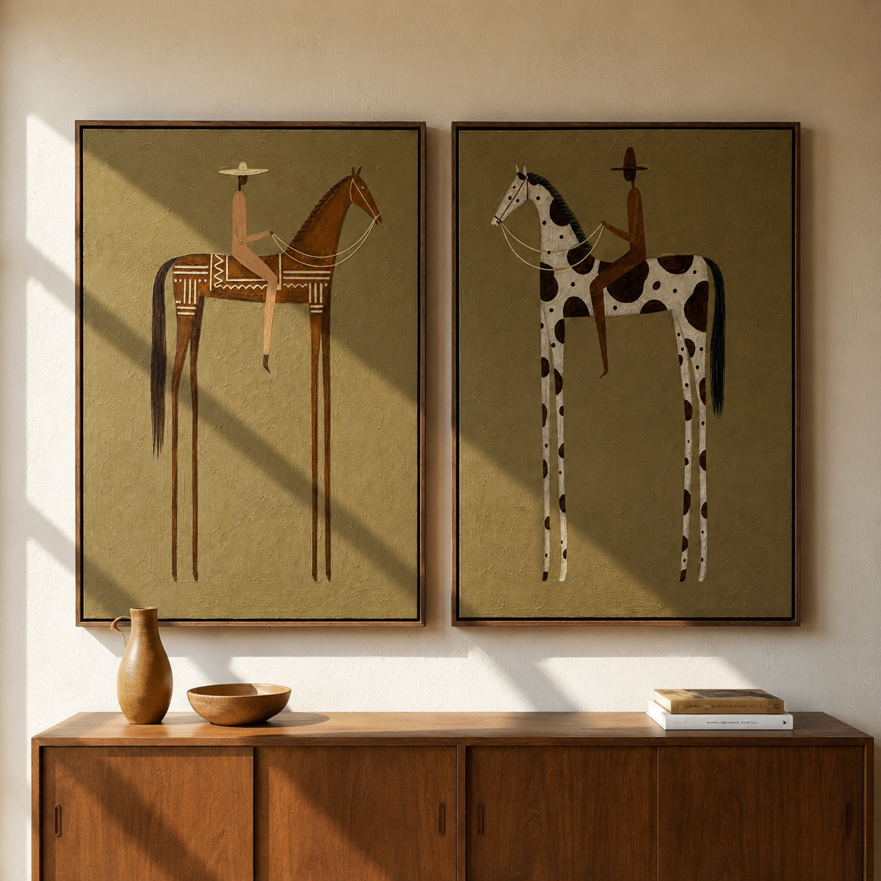 "Silent Saddle Duo" —3D Textured Western Figurative Oil Painting Set | Warm Olive & Terracotta Horse Rider Wall Art #yk601