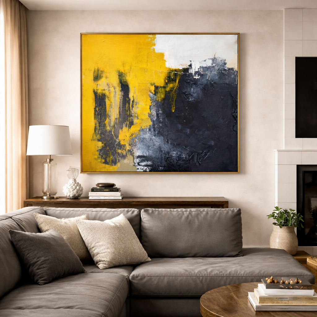 "Urban Resilience" – Industrial Wabi-Sabi Charcoal & Yellow Abstract | Minimalist Studio Statement Art