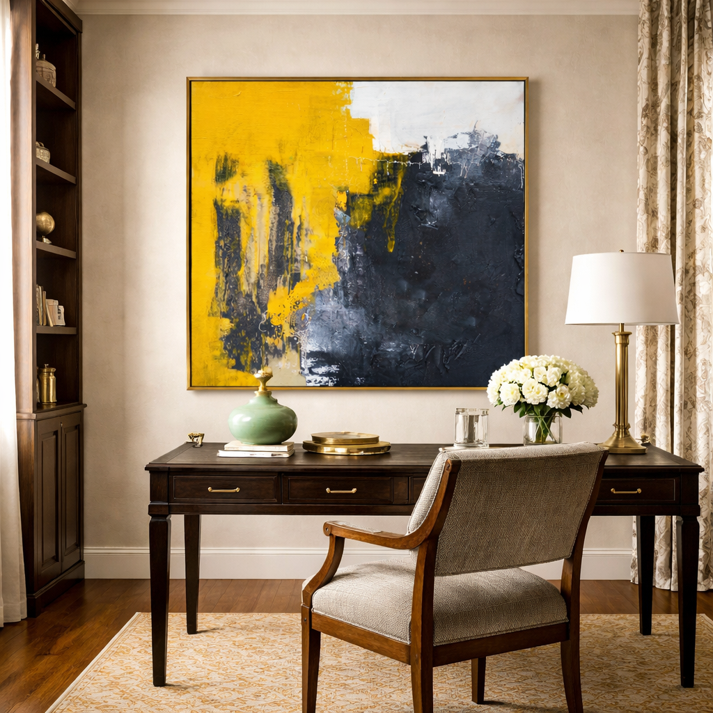 "Urban Resilience" – Industrial Wabi-Sabi Charcoal & Yellow Abstract | Minimalist Studio Statement Art