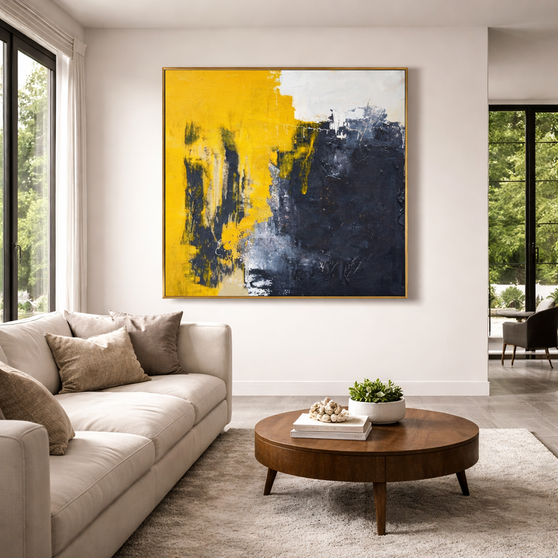 "Urban Resilience" – Industrial Wabi-Sabi Charcoal & Yellow Abstract | Minimalist Studio Statement Art