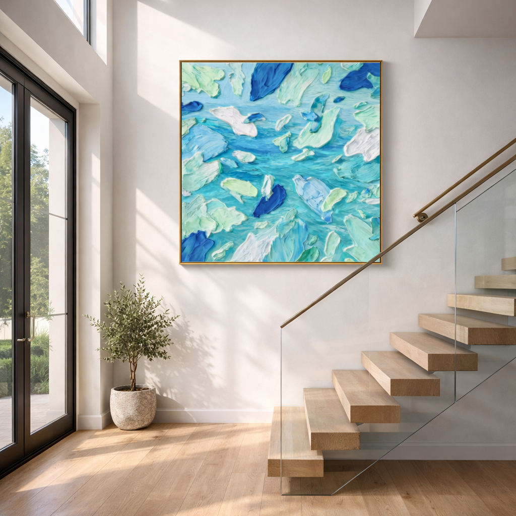 "Azure Rhythms" – Modern 3D Heavy Impasto Abstract | Refreshing Coastal Statement Art