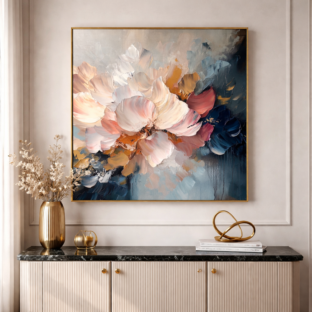 "Blush Nocturne" – Modern Heavy Impasto Sculptural Floral | Luxury Master Suite Statement Art