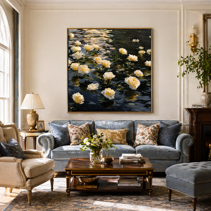 "Midnight Drift" – Modern 3D Heavy Impasto Floating Rose Relief | Sophisticated Romantic Statement Art