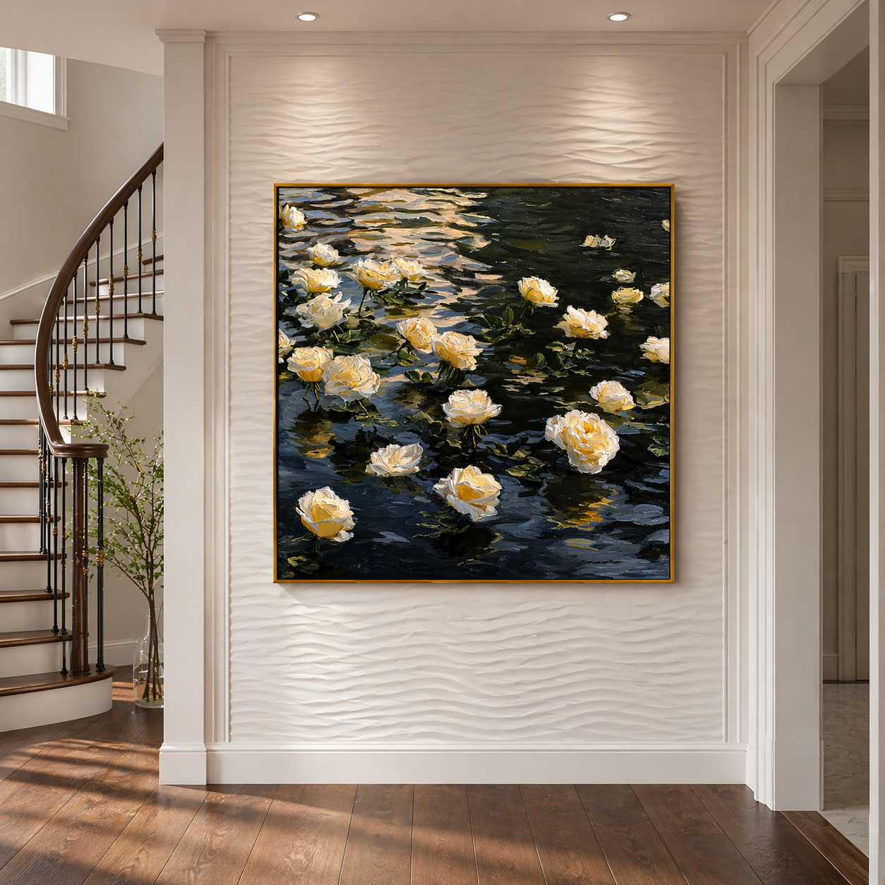 "Midnight Drift" – Modern 3D Heavy Impasto Floating Rose Relief | Sophisticated Romantic Statement Art