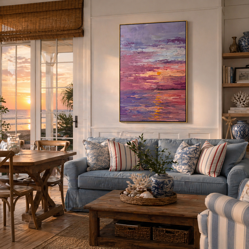 "Amethyst Horizon" – 3D Heavy Impasto Sunset Abstract | Romantic Purple Seascape Statement Art