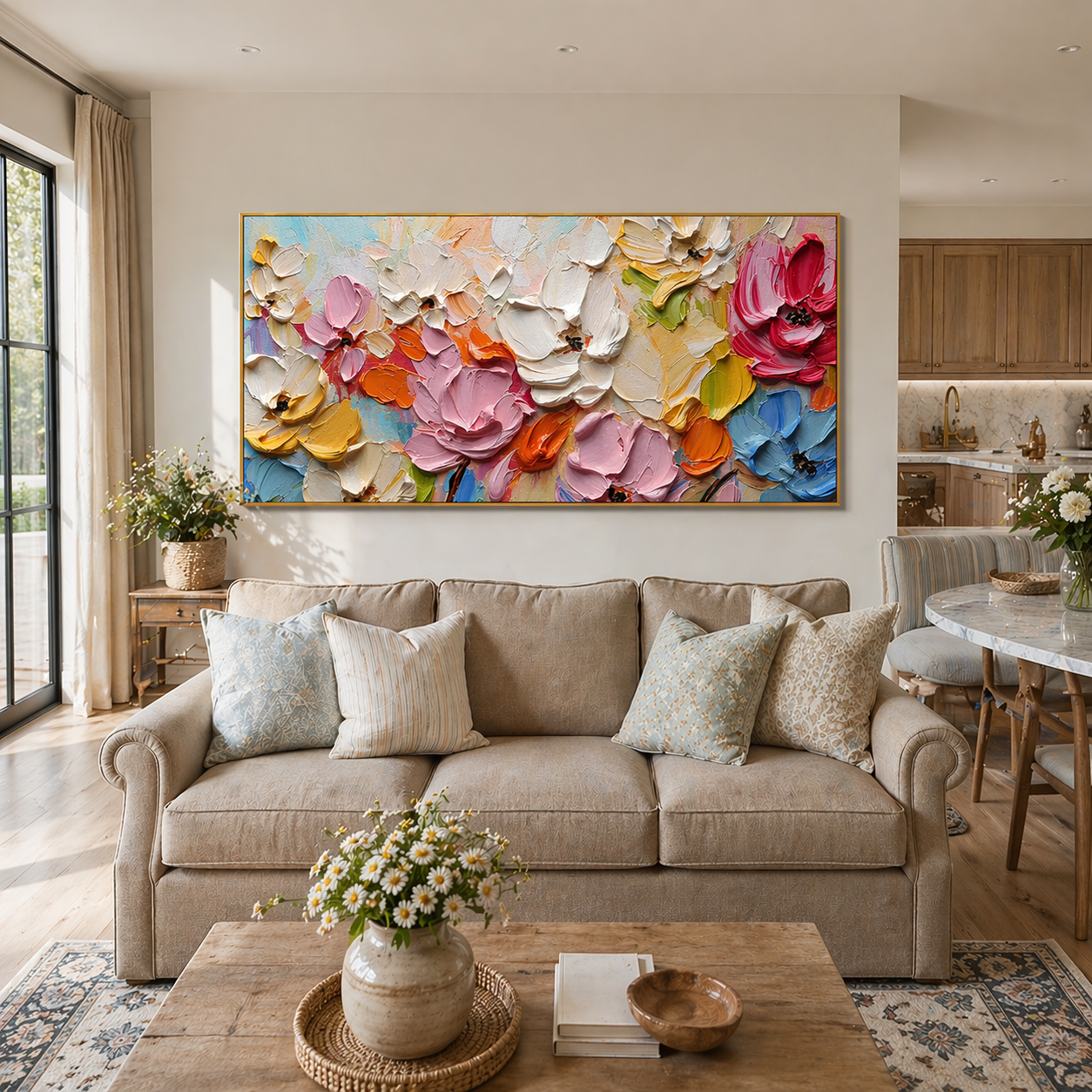 "Chromatic Bloom" – 3D Heavy Impasto Floral Panorama | Vibrant Textured Statement Art