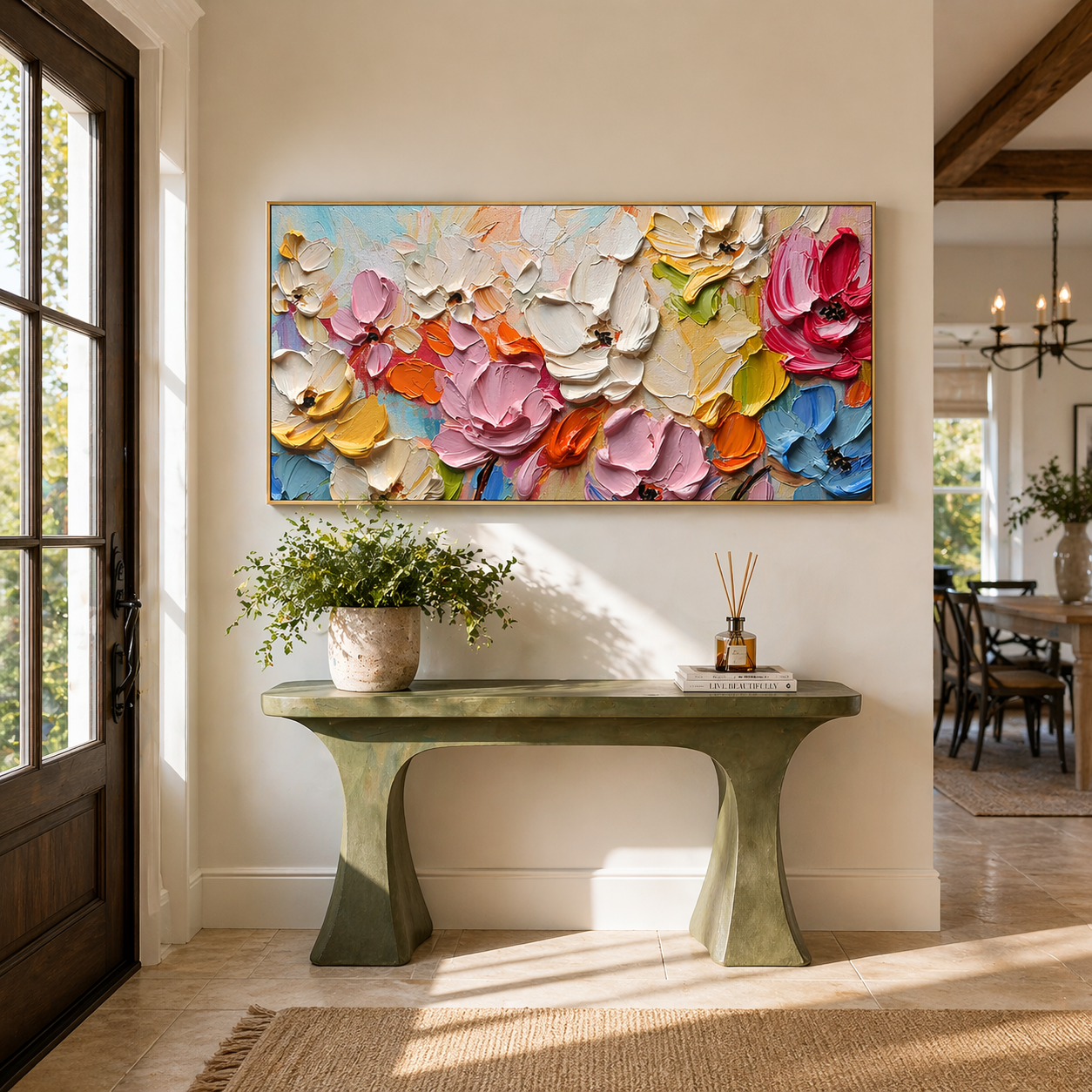 "Chromatic Bloom" – 3D Heavy Impasto Floral Panorama | Vibrant Textured Statement Art