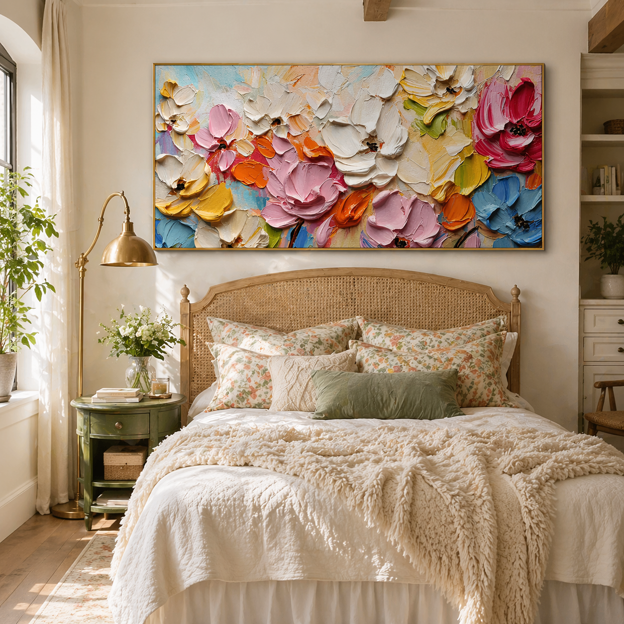"Chromatic Bloom" – 3D Heavy Impasto Floral Panorama | Vibrant Textured Statement Art