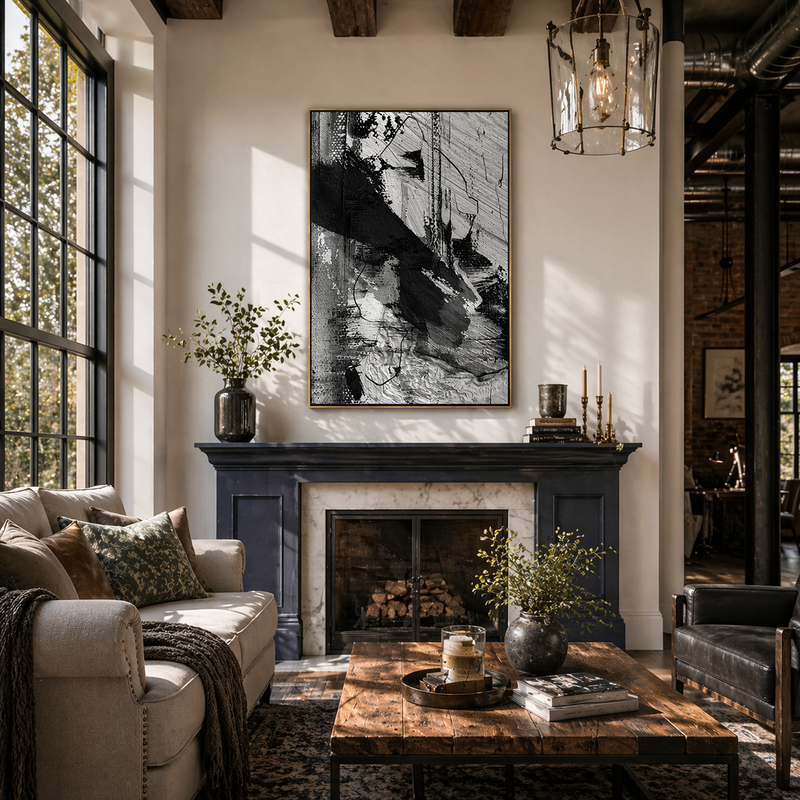 "Noir Tectonics" – Dynamic 3D Heavy Impasto Monochrome Abstract | Modern Industrial Statement Art