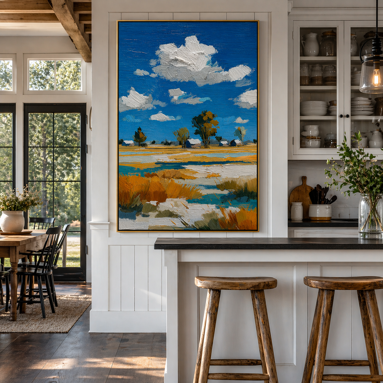 "Azure Prairie" – 3D Heavy Impasto Rustic Landscape | Vibrant Blue & Gold Statement Art