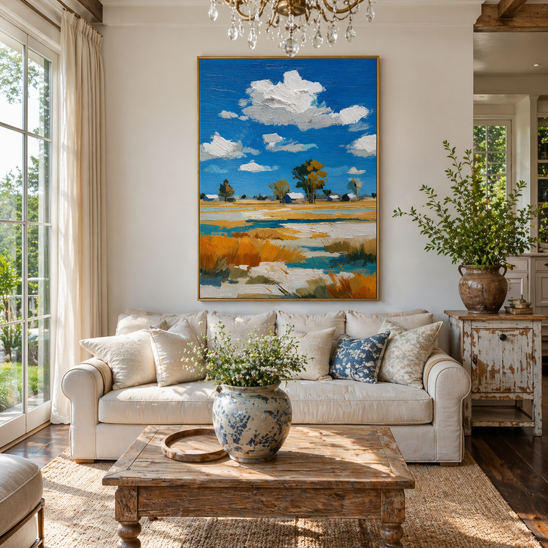 "Azure Prairie" – 3D Heavy Impasto Rustic Landscape | Vibrant Blue & Gold Statement Art