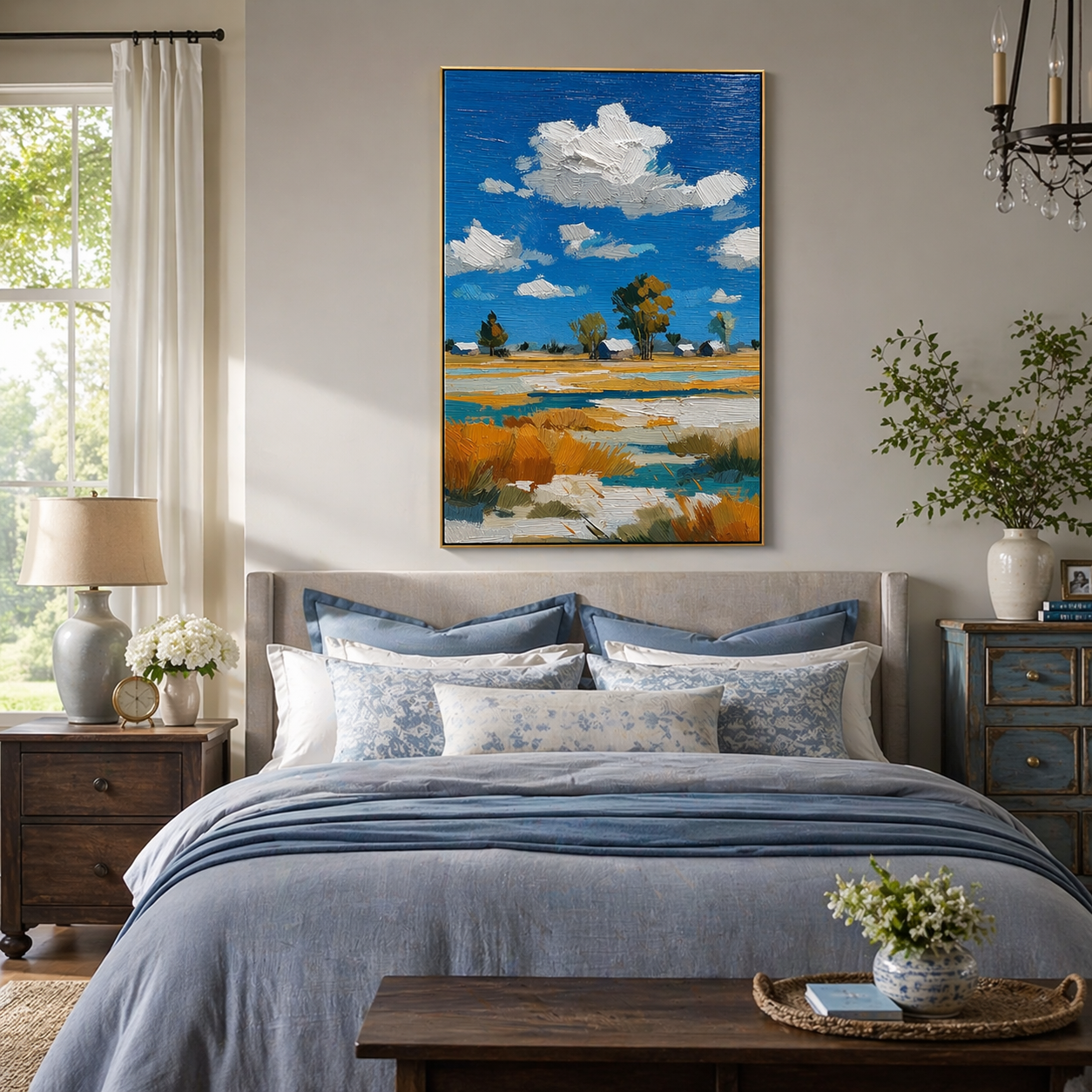 "Azure Prairie" – 3D Heavy Impasto Rustic Landscape | Vibrant Blue & Gold Statement Art