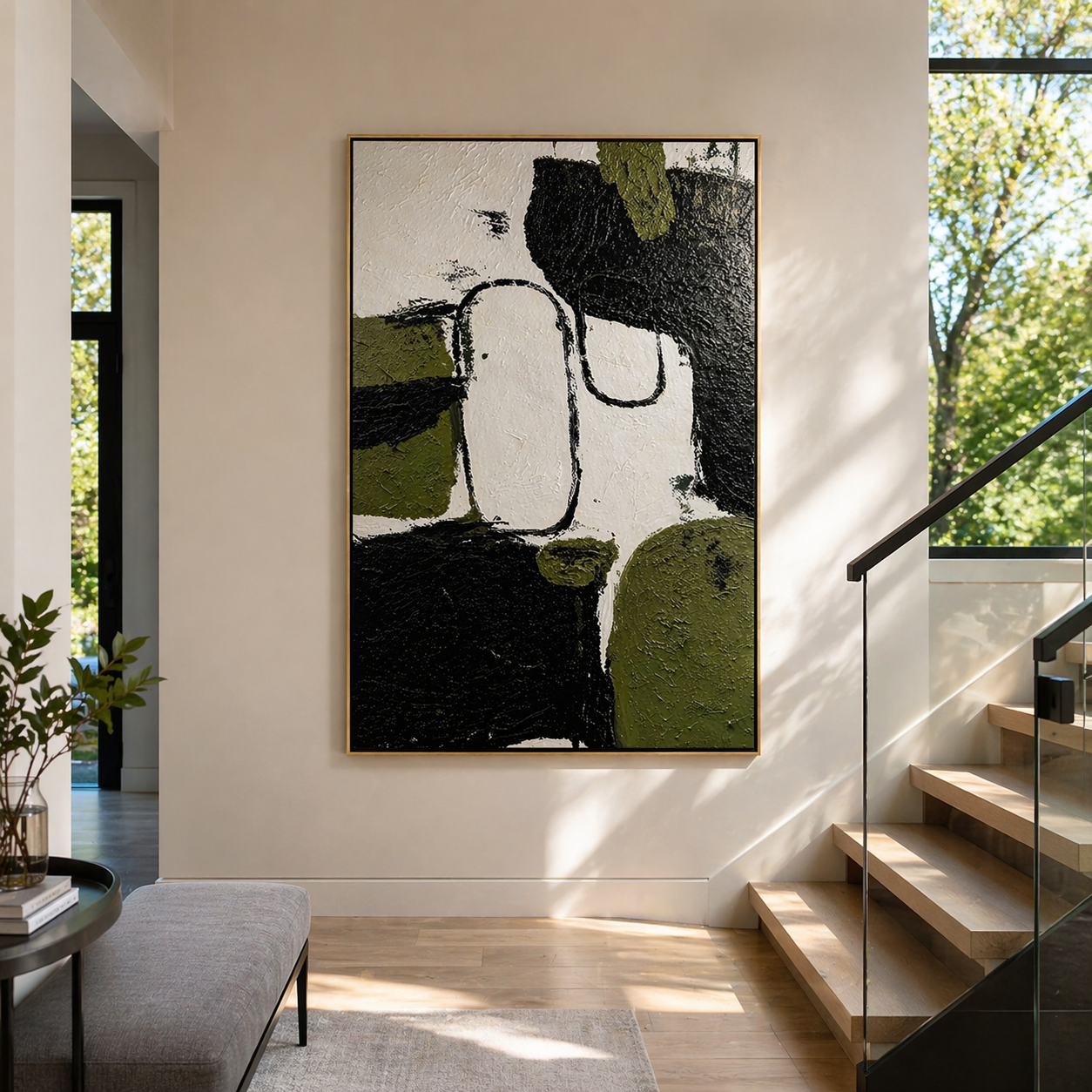"Verdant Tectonics" – 3D Heavy Impasto Moss & Noir Abstract | Modern Vertical Statement Art