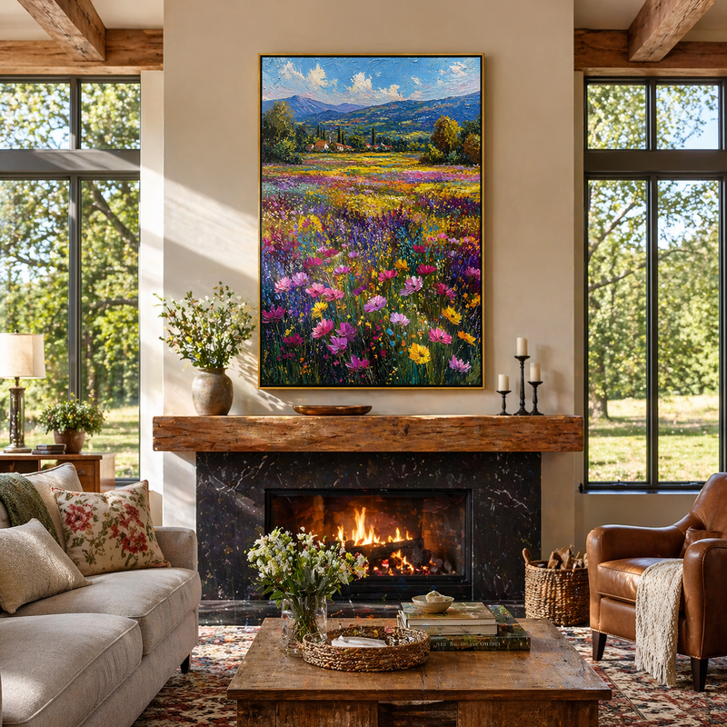 "Valley Symphony" – Modern 3D Heavy Impasto Wildflower Landscape | Vibrant Floral Statement Art
