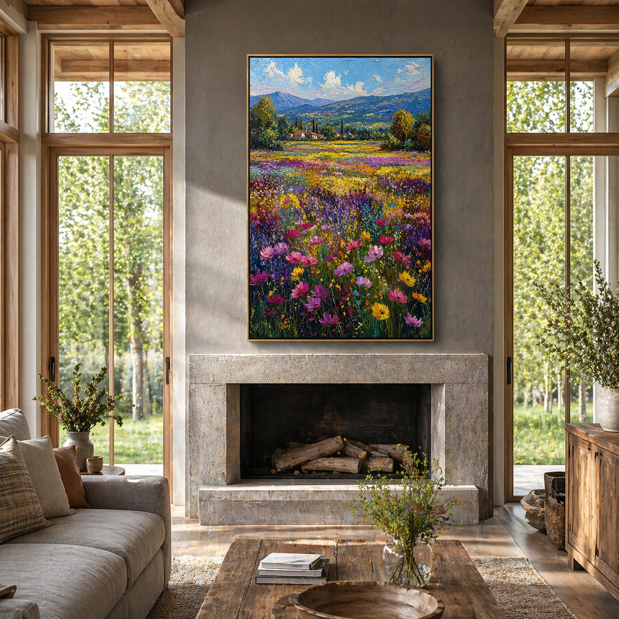 "Valley Symphony" – Modern 3D Heavy Impasto Wildflower Landscape | Vibrant Floral Statement Art