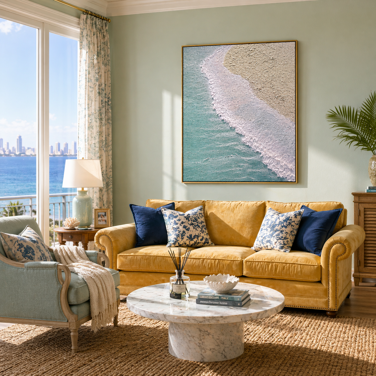 "Azure Crest" – Extreme 3D Heavy Impasto Coastal Abstract | Vertical Seafoam & Sand Statement Art