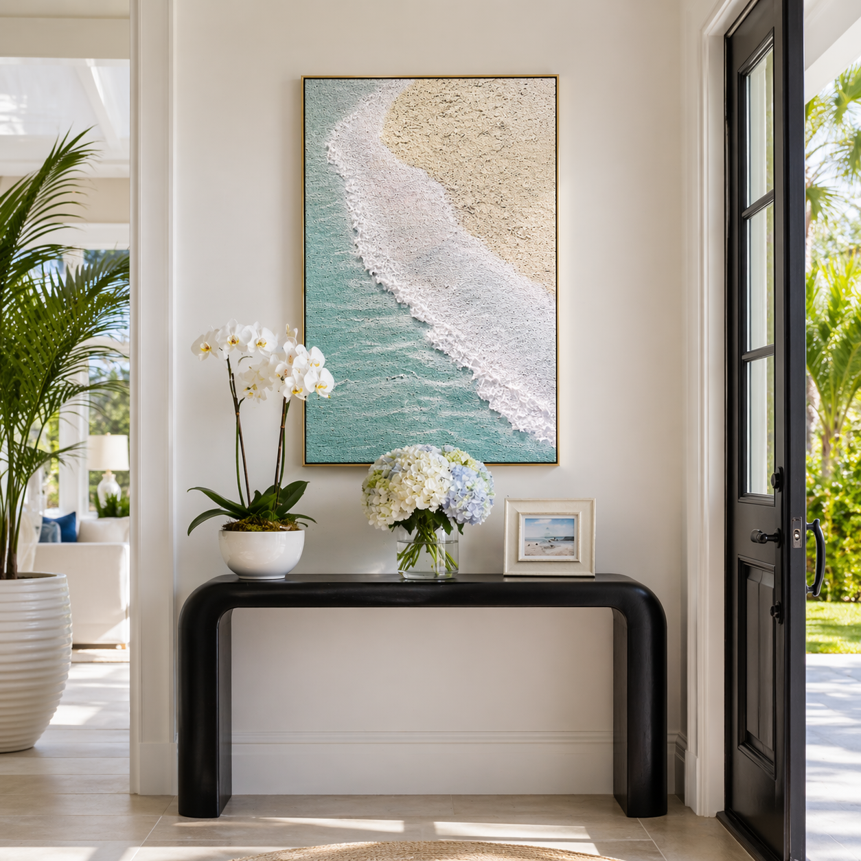 "Azure Crest" – Extreme 3D Heavy Impasto Coastal Abstract | Vertical Seafoam & Sand Statement Art