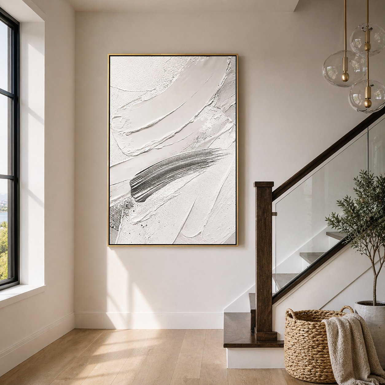 "Silver Surge" – Modern 3D Heavy Impasto White & Slate Abstract | Vertical Minimalist Statement Art