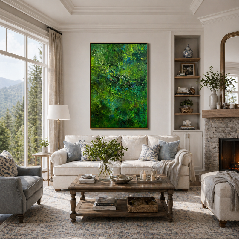 "Verdant Sanctuary" – Lush 3D Forest Impasto Abstract | Nature-Inspired Vertical Statement Art