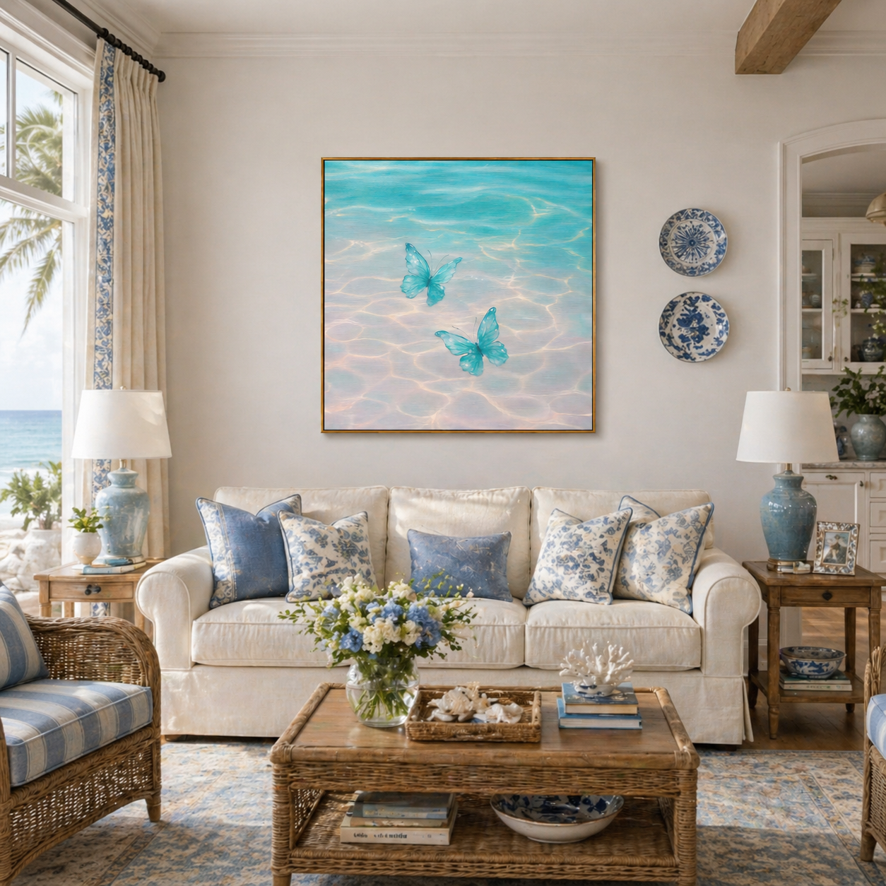"Azure Dreamscape" – Surreal Ethereal Butterfly & Water Abstract | Tropical Statement Art