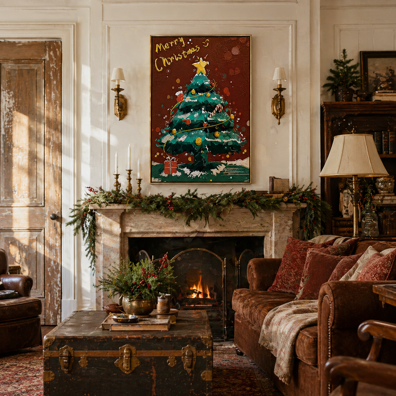 "Festive Glow" – Hand-Painted 3D Impasto Christmas Tree Relief | Luxury Holiday Statement Art
