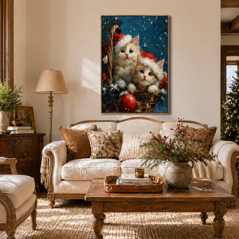 "Yuletide Kittens" – Whimsical 3D Heavy Impasto Holiday Relief | Festive Modern Statement Art