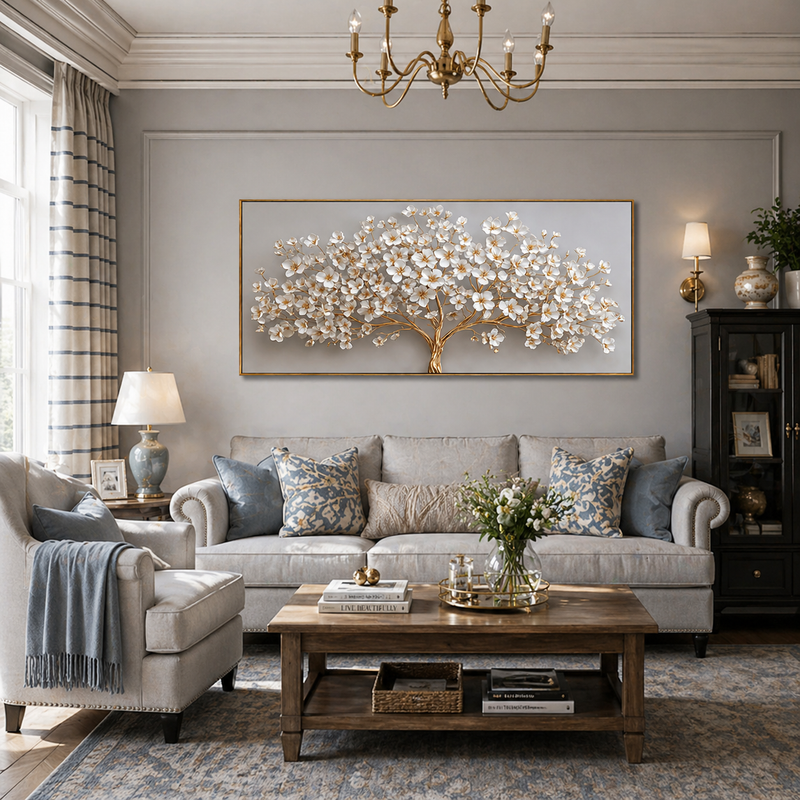 "Gilded Prosperity" – Modern 3D Heavy Impasto Blossom Tree | Luxury Horizontal Statement Art