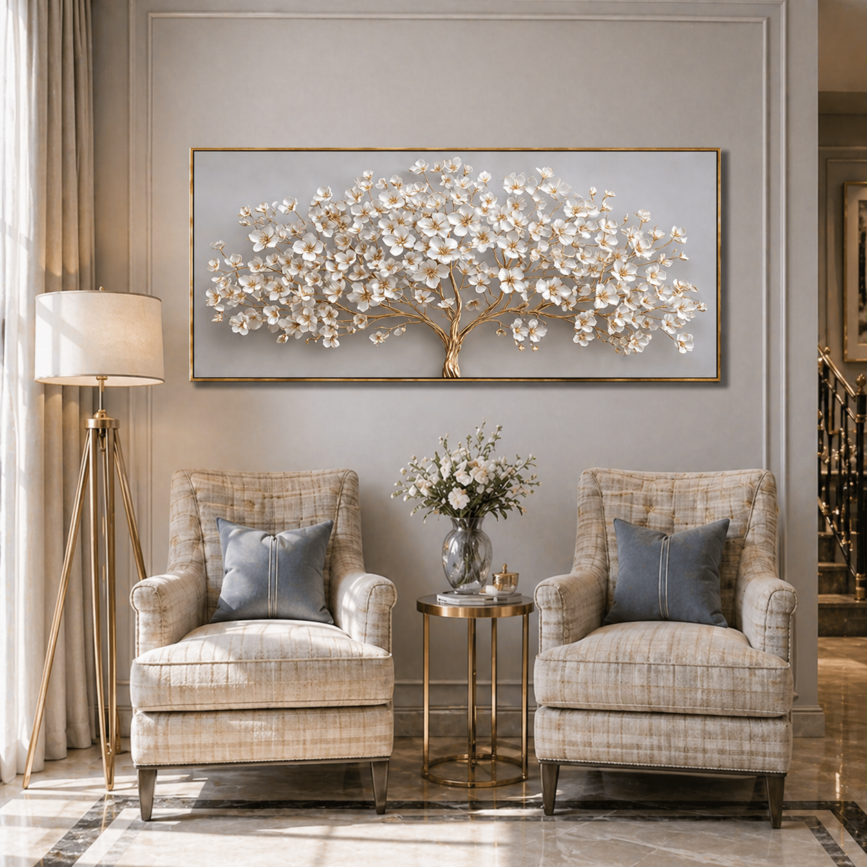 "Gilded Prosperity" – Modern 3D Heavy Impasto Blossom Tree | Luxury Horizontal Statement Art