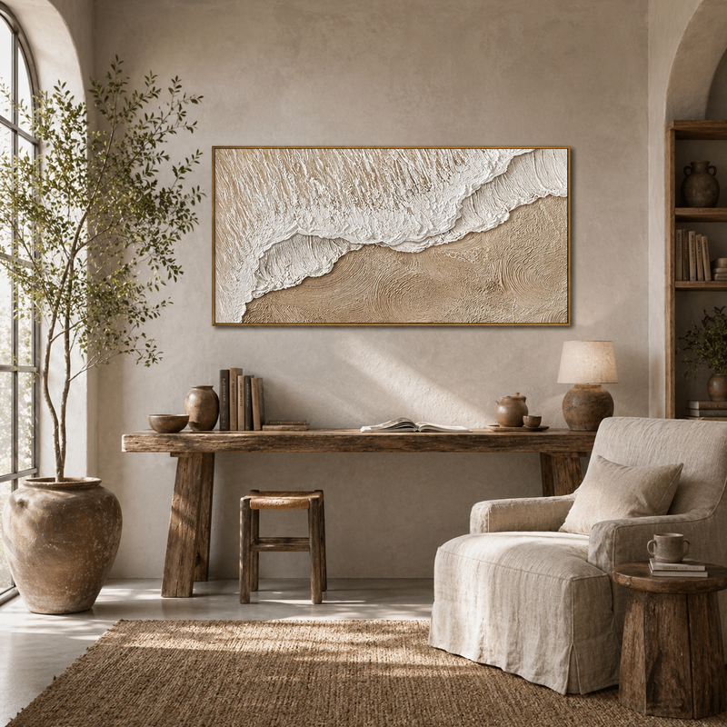"Coastal Drift" – Extreme 3D Heavy Impasto Seascape | Serene Neutral Beach Statement Art